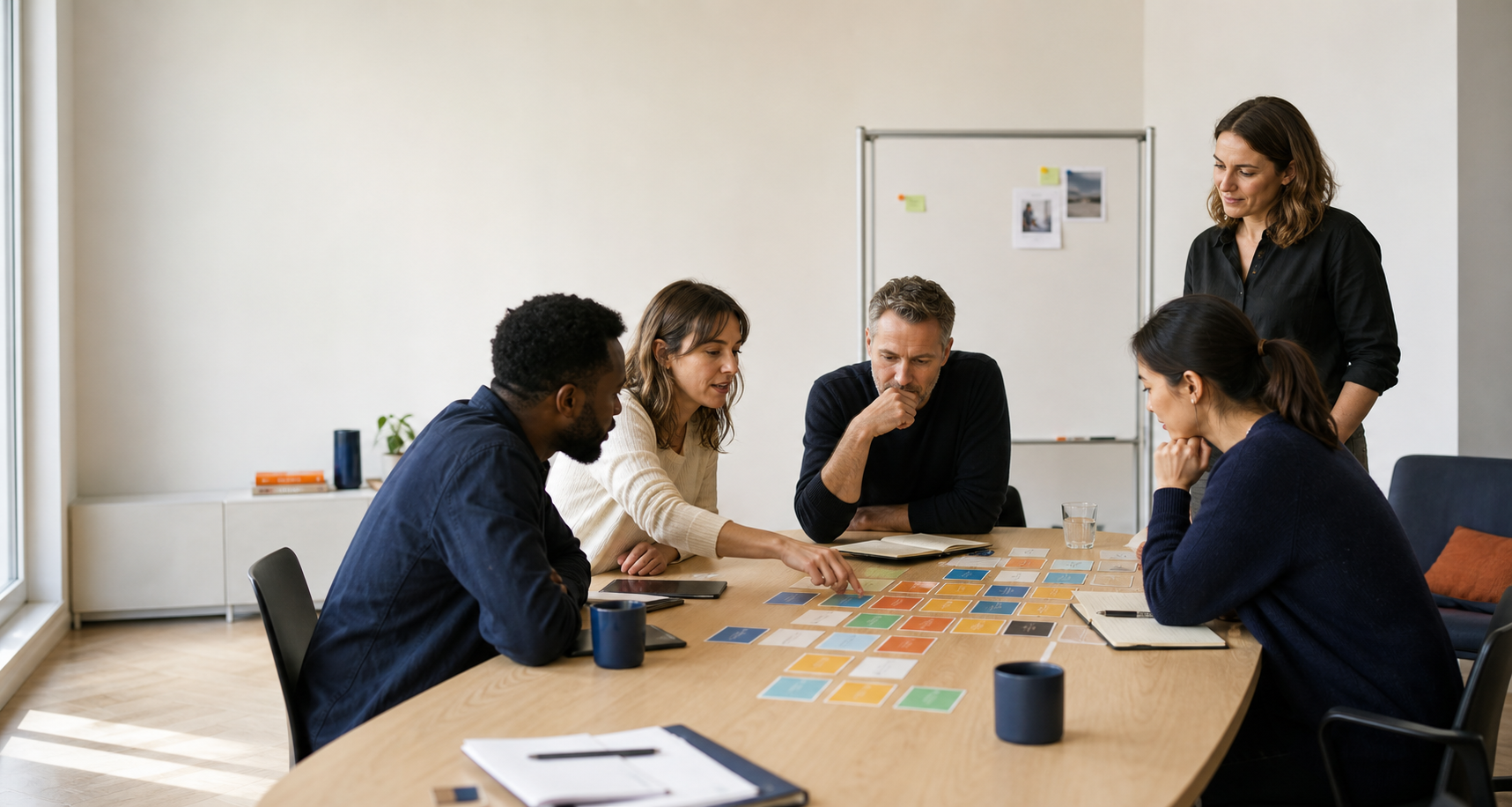 Participants en atelier qui discutent autour de cartes sur les enjeux de l’IA